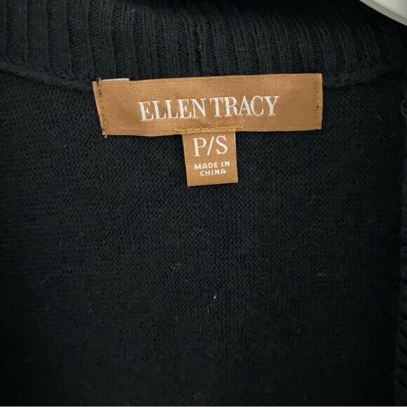 Ellen Tracy Womens Black Faux Leather Trim Open Front Cardigan Sweater - Picture 2 of 5